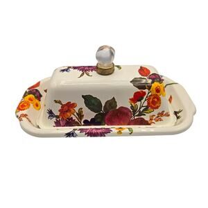 Mackenzie Childs White Multi Color Flower Market 8.75" Butter Box Dish